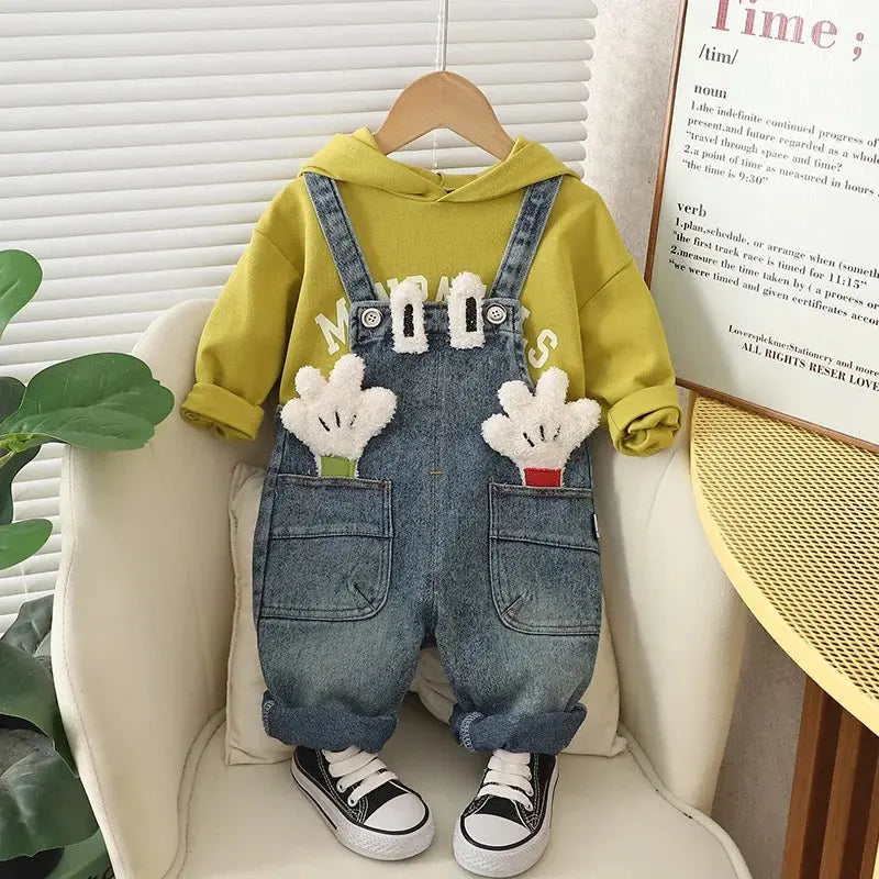 Kids Green Hoodie With Denim Dungaree 2 Pcs Set