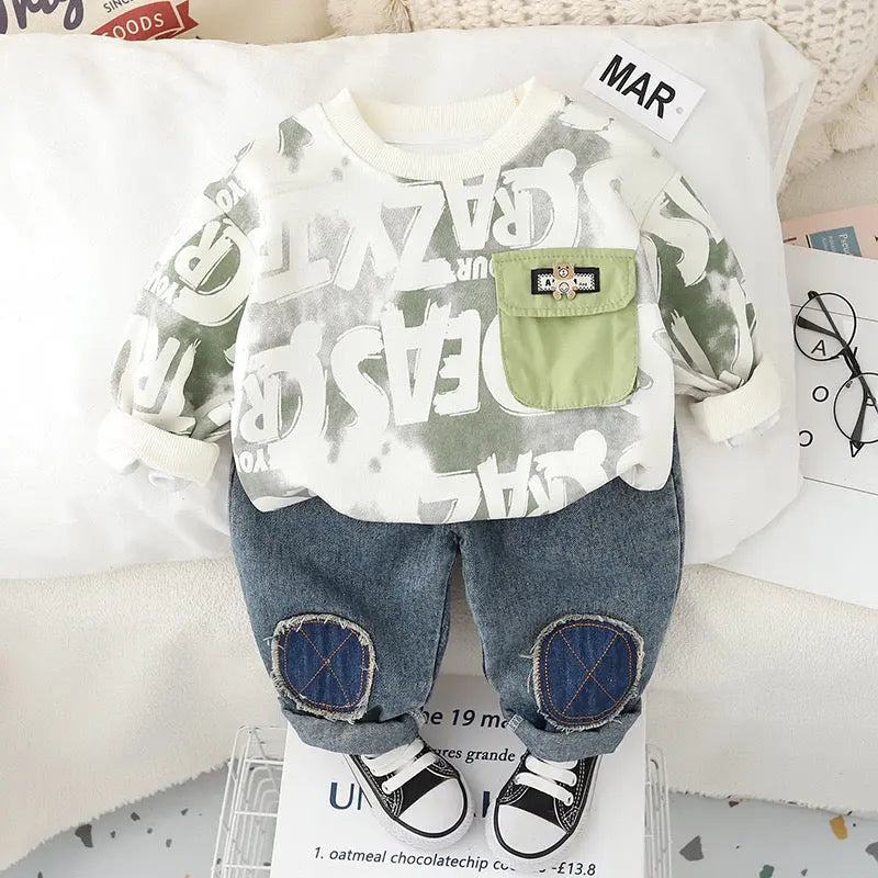 Boys Typography Sweatshirt And Denim Set