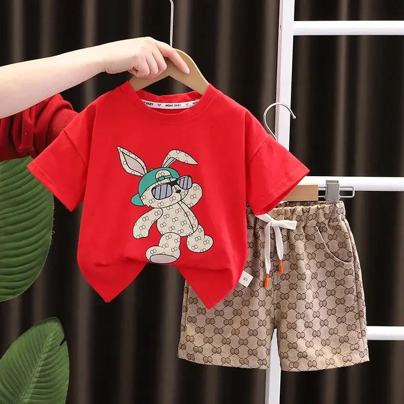 Boys Red Cartoon Printed T-shirt And Shorts 2 Pcs Set