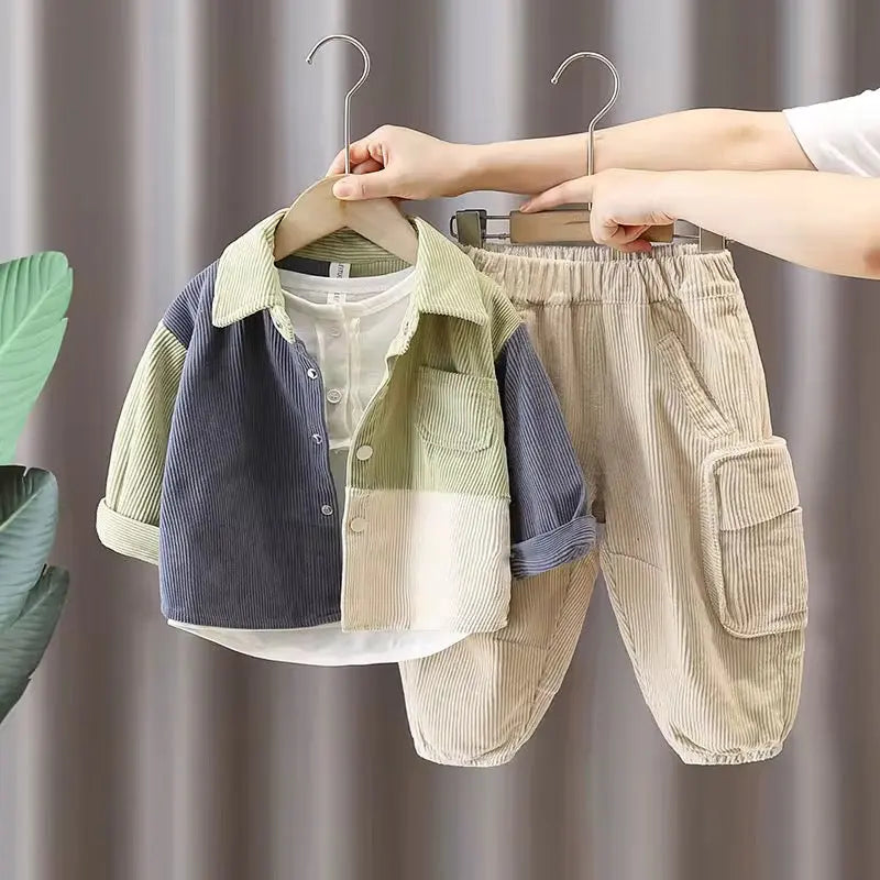 Boys Corduroy Shirt And Trouser With T-shirt