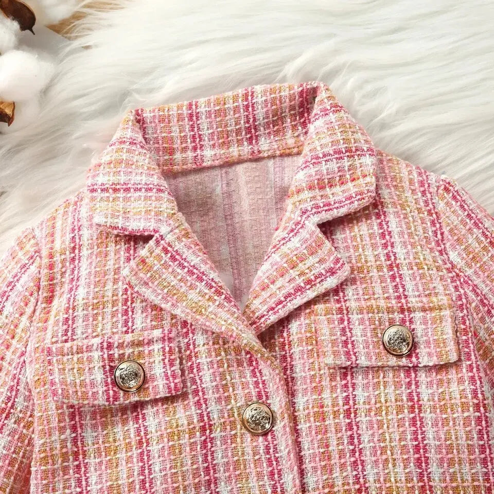 Girls Tweed Jacket And Pleated Skirt Set With Matching cap