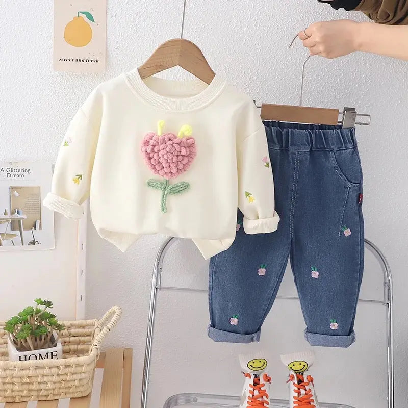 Girls Floral Motif Sweatshirt And Jeans 2 Pcs Set