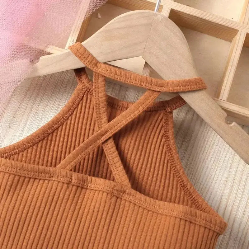 Girls Brown Halter Crop Top And Rugged Jeans 2 Pcs Set