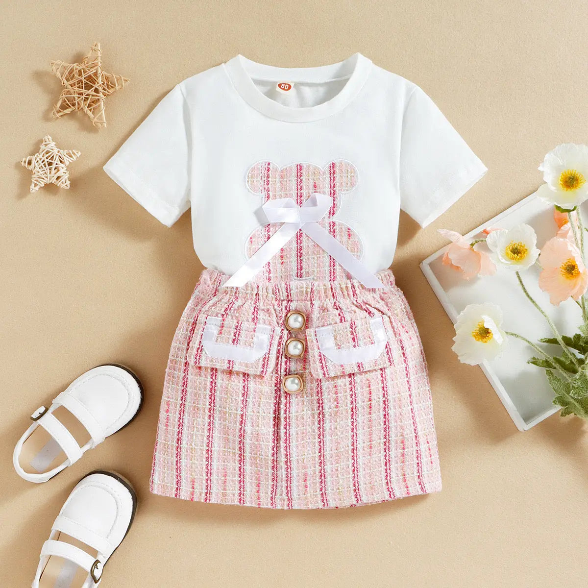 Girls White T-shirt & Pink Skirt Set